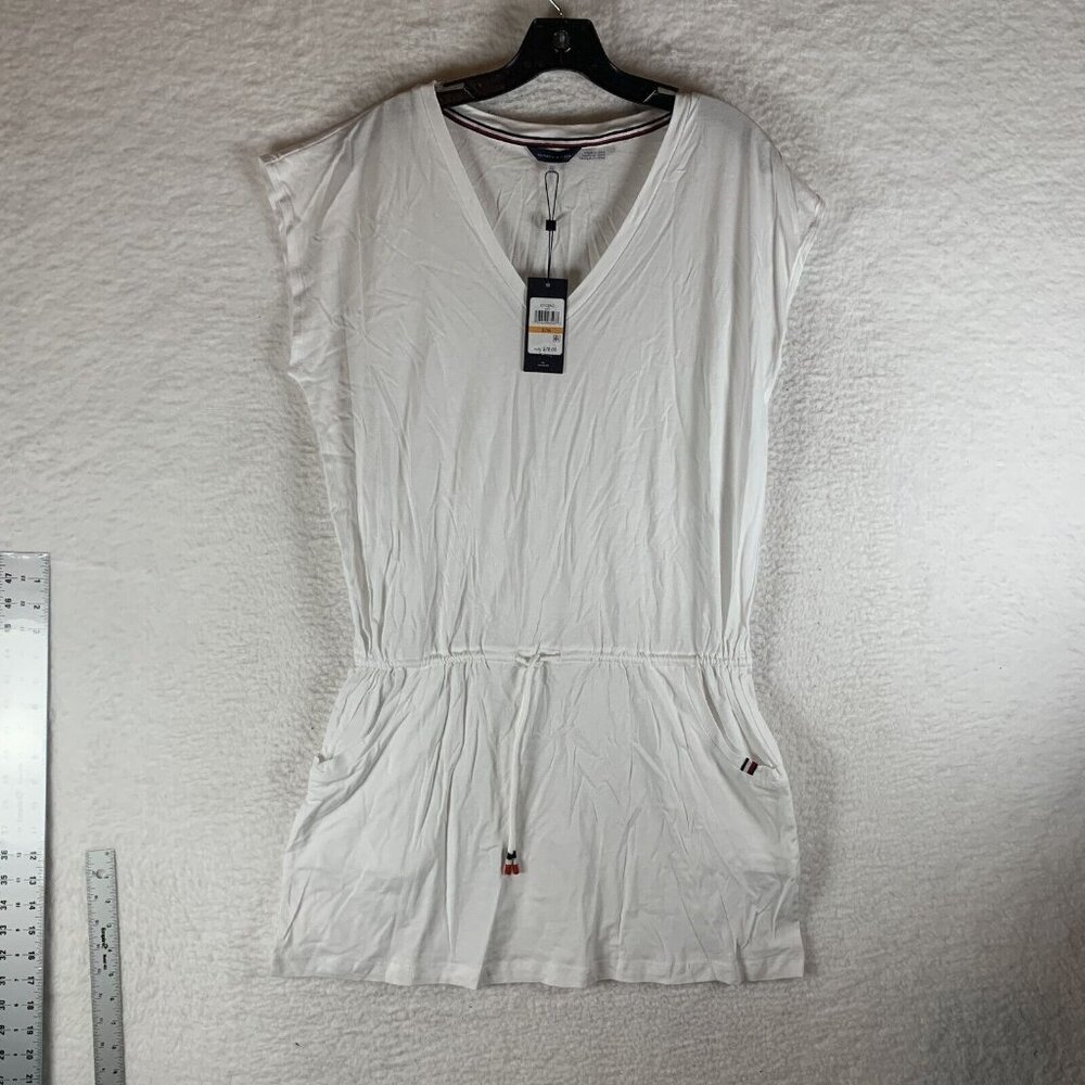 Tommy Hilfiger Cover Up Dress Women's S/M‎ White Cotton Drawstring V-Neck S9500